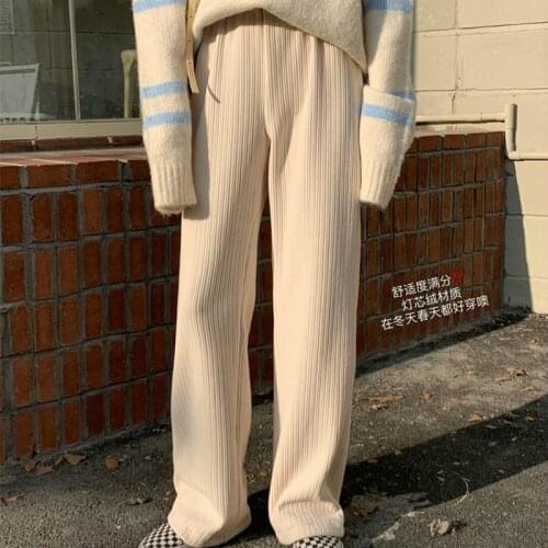 2021 Women Spring Elastic High Waist Corduroy Long Wide Leg Pants Casual Loose Trousers