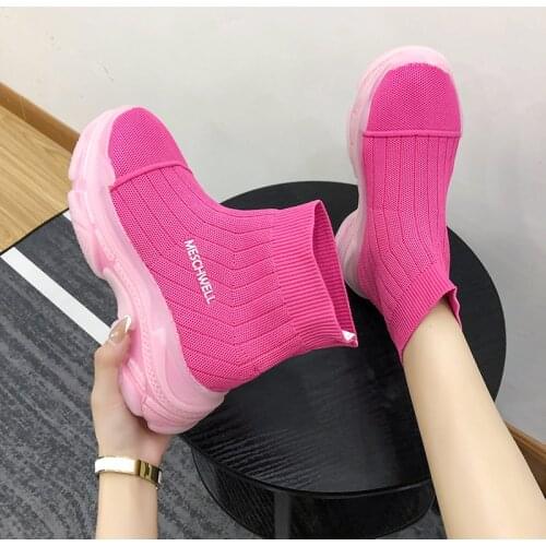 Spring New Style Women Knitted Ankle Boots Med-heeled Womens Hollow Fish Mouth Ladies Peep Toe Female Elegant Sock Shoes