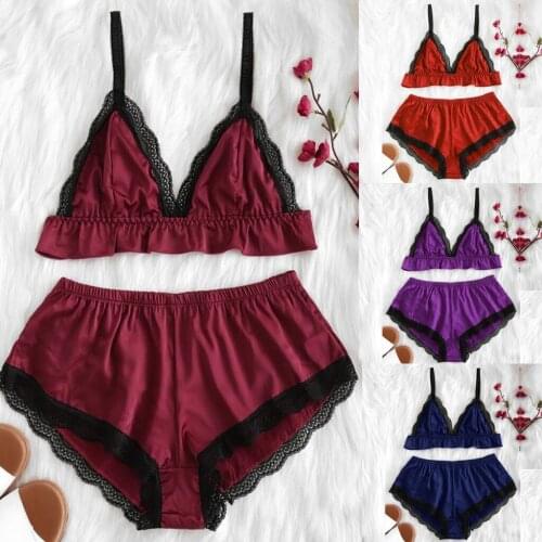 Sexy Women Satin Silk Lace Sleepwear Lace Floral V Neck Sleeveless Lingerie Crop Tops+Nightwear Shorts Women Pajamas Sets