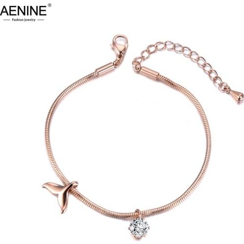 AENINE Bohemia Fish Tail & CZ Crystal Charm Bracelet For Women Stainless Steel Link & Chain Bracelet For Summer Vacation AB19048