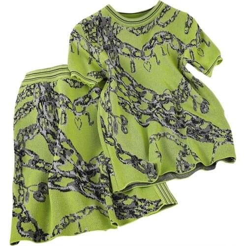 2021 Newest Women Summer Knit 2 Piece Set elegant Short Sleeve Tshirt High Waist Mini Skirt Chic Print Suit Female