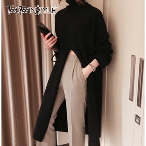 TWOTWINSTYLE Knitted Black Split Womens Sweater Turtleneck Long Sleeve Oversized Korean Pullover Female 2020 Autumn Fashion New