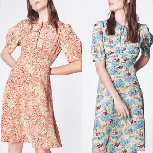 100% Silk Floral Print Women Mini Dress 2021 Spring Summer Short Sleeve Lace-Up Dresses with Pearl Buttons