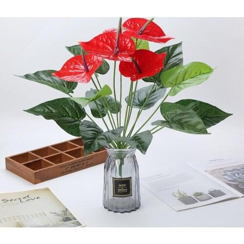 18 Branch 5 Heads Red Flower Natural Artificial Garden Blossom Anthurium Leaf Plants for Home Decoration