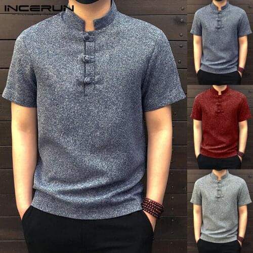 2021 Retro Chinese Men Shirt Social Tee Ethnic Tunic ManTee Tops Masculina Chemise Dress Stand Collar Casual Shirt Camisa Tops