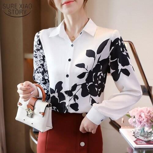 Autumn New Silk Shirts Satin Printed Lapel Singe Breasted Long Sleeve Silk Womens Blouse Fashion Women Tops and Blouses 11400