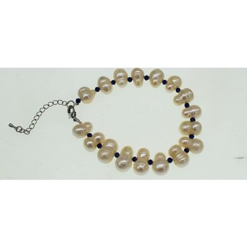 Freshwater Pearl white baroque + blue spinel round 8-11mm Bracelet 19cm Wholesale for women xmas gift