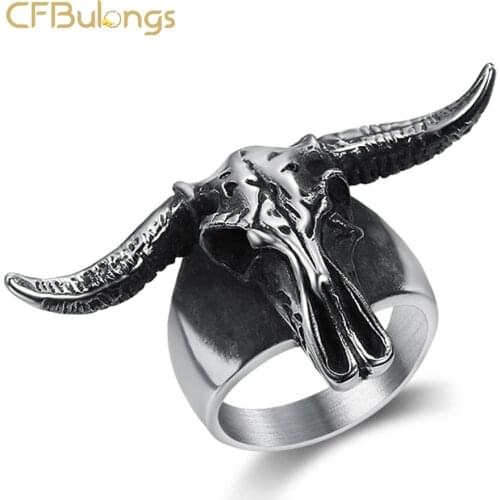 CFBulongs Personality Gothic Aries Satan Ram Animal Rings Punk Retro Biker Creative Jewelry Boyfriend Gift