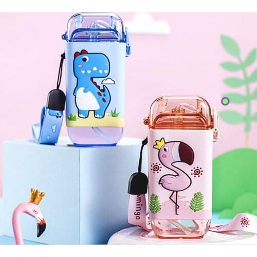 Baby Milk Cup With Straw Craetive Square Portable Tritan Kettle Sealed Leak-Proof BPA Free Children Cartoon Cute Water Bottle
