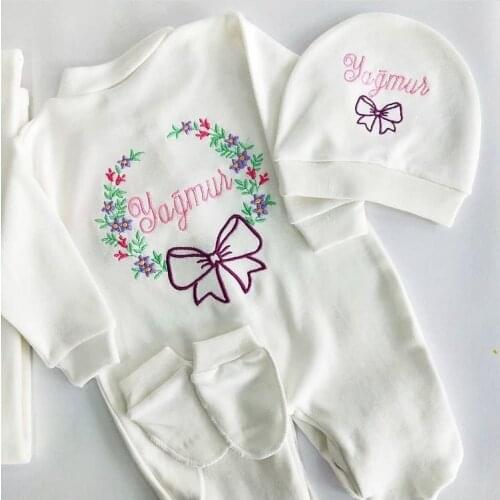 Jaju Baby Handmade, Bow and Name Embroidered Baby Rompers Set