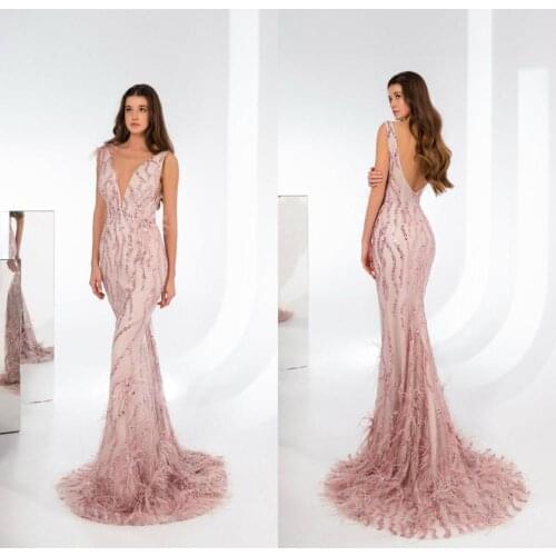 Designer Evening Dresses Sheer V Neck Mermaid Prom Dress Sequins Fur Tulle Custom Made Party Dress