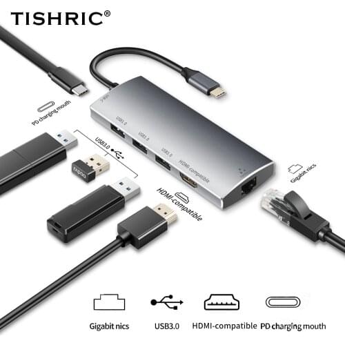 TISHRIC USB C Hub Type C Dock OTG to Multi USB 3.0/2.0 Hub/Splitter SD RJ45 Lan 4K HDMI compatible Adapter for MacBook Huawei