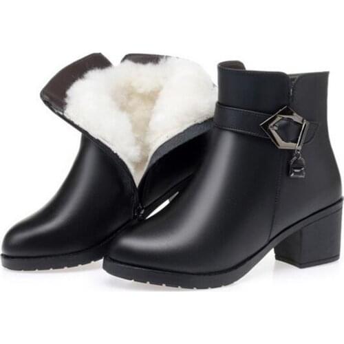 Elegant Comfortable Full Genuine Leather Boots High Heels Platform Snow Boots Plus Size Warm Plush Wool Shoes Woman Winter Boots