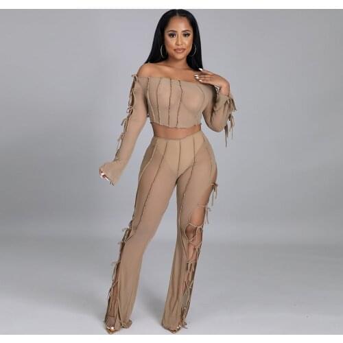 Mesh Sheer Bandage Two Piece Set Fall Y2k Outfits for Women Sexy Long Sleeve Crop Top and Lace Up Pants Clubwear Matching Sets