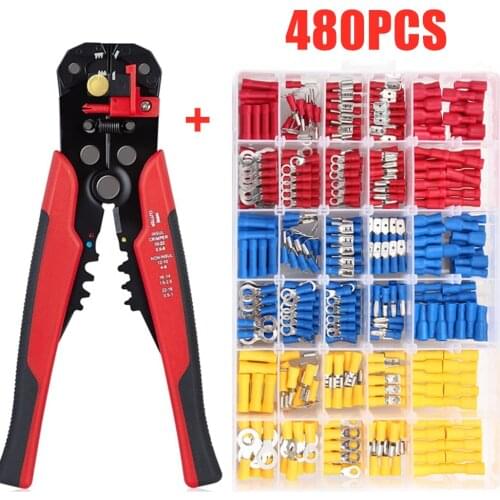 480PCS Spade Terminals Insulated Cable Connector Electrical Wire Crimp Butt Ring Fork Set Ring Lugs+ Wire Stripper Crimper