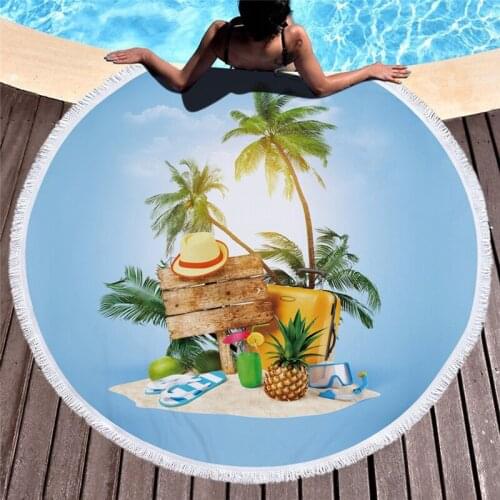 Casegrace Holiday Oasis Round Bath Towel Cute Summer Travelling Beach Towels Blue Sky Picnic Blanket With Tassels Yoga Mat