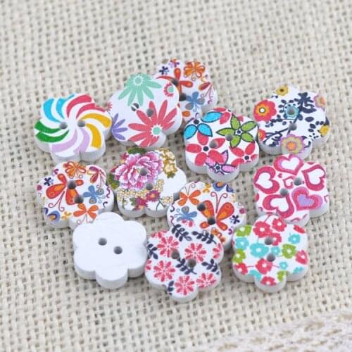 2 Holes Mixed Flower Painted Round Wooden Buttons For decoration Swing Scrapbooking Craft 50pcs 18mm YJ15501-13