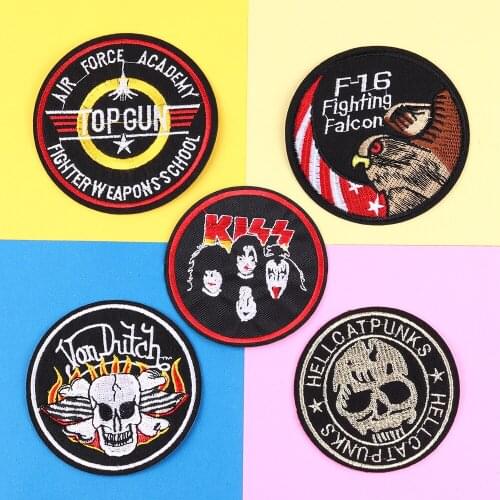 Round Punk Patches Top Gun Shoulder Emblem F16 Fighting Falcon Badges Iron on Letters Von Dutch Fashion Skull Clothes Patch