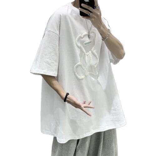 Summer men loose T-shirt men casual vintage T-shirt cute bear embossed short sleeve shirt T-shirt