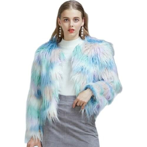 New Fashion High Imitation fur Blue Faux Fur Coat short Autumn &Winter Clothes Women Plush cardigan Coat
