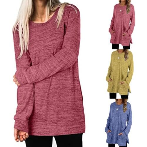 Autumn Women Casual Split Hem Long Sleeve Solid Color Blouse Pockets Tunic Top Female Solid Sweatshirt Solid Pullover