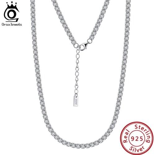 ORSA JEWELS Handmade Real 925 Sterling Silver Iced Out Cubic Zirconia Tennis Chain Necklace Choker Women Men Hiphop Jewelry SC45