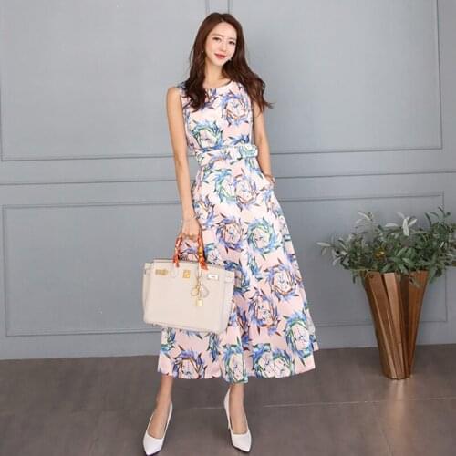 New arrival fashion korean style sleeveless o-neck print dress women elegant autumn temperament simple fresh mesh a-line dress
