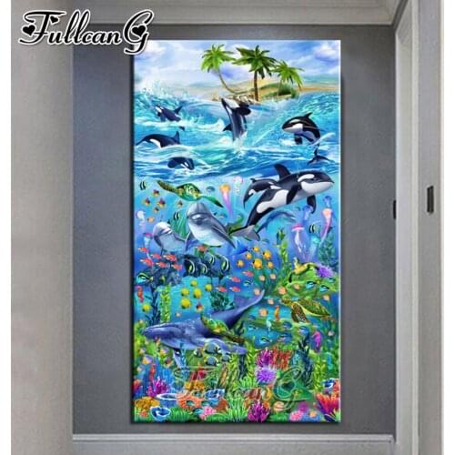 FULLCANG Dolphin life animals 5d diy full square round drill large diamond painting mosaic embroidery sale home decor FC2528