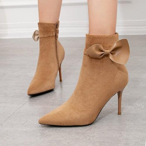Simple Womens Boots Stiletto Heel Super High Heel Sexy Short Boots Nightclub Pedicure Was Thin Pointed Bow Leather Ankle Boots