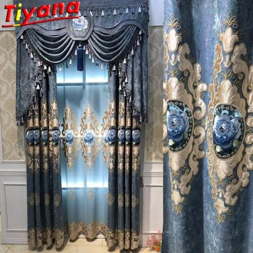 TIYANA Luxury European Blue Flowers Embroidery Curtains for Living Room Semi-Blackout Chenille Window Drapes for Bedroom #VT