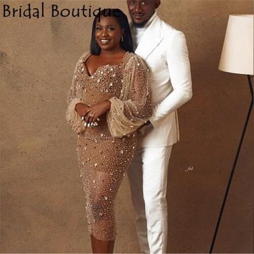 Luxury Beading Mermaid Evening Dresses Luxury Puffy Long Sleeves Tea-length Formal Dress Chic Wedding Party Formal Dress