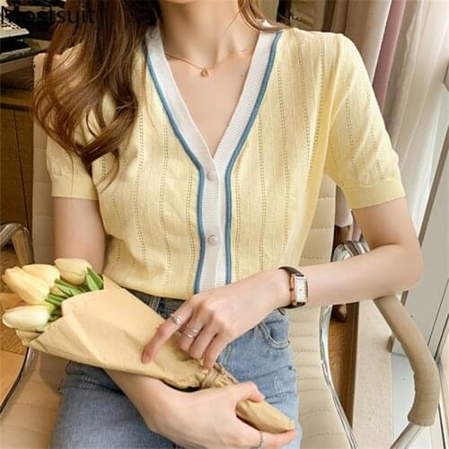 Summer Thin Knitted Cardigan Sweater Women Color-blocked Short Sleeve V-neck Tops Korean Elegant Fashion Jumpers Femme 2021