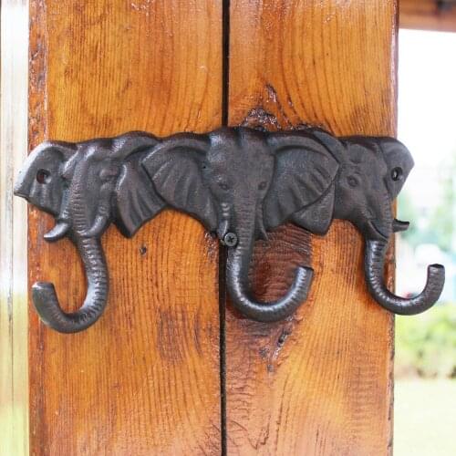 Vintage Elephant Head Cast Iron Wall Hook With Three Hangers Farmhouse Home Garden Wall Mounted Animal Figurines Hanging Hooks