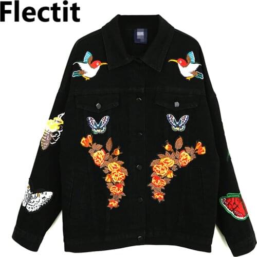 Flectit Flower Animal Embroidery Denim Jacket Women Oversize Long Sleeve with Lapel Pocket Vintage Harajuku Style Jeans Jacket