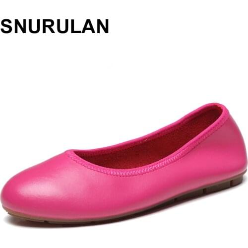 SNURULAN Genuine Leather Ballet Flats Shoes Casual Shallow Slip On Ladies Shoes Solid Cow Leather Ballerina Flat Boat ShoesWoman