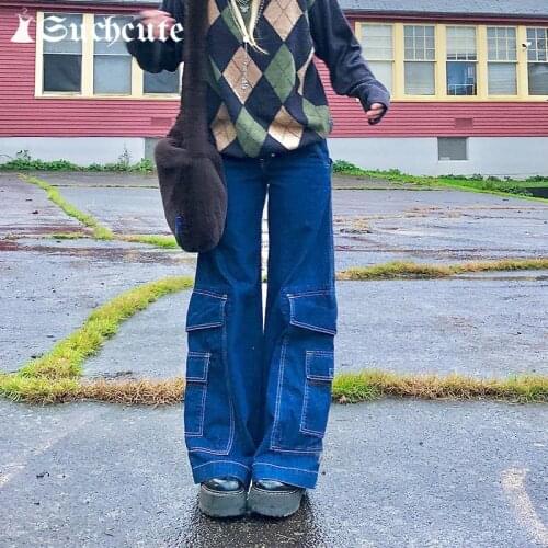 SUCHCUTE y2k Fashion Big Pockets Womens Jeans Pants High Waist Female Wide Leg Trousers Streetwear 90s Outfits Denim Pants