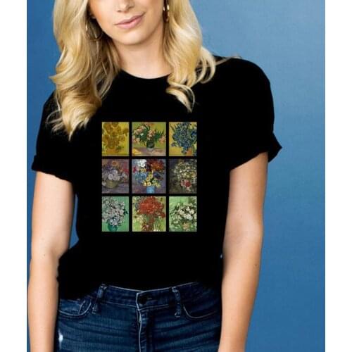 Van Gogh Flower Graphic Tees Kawaii Clothes Vincent Van Gogh Tshirts Vintage Woman 2021 Nature Classic Women Sexy Tops Black