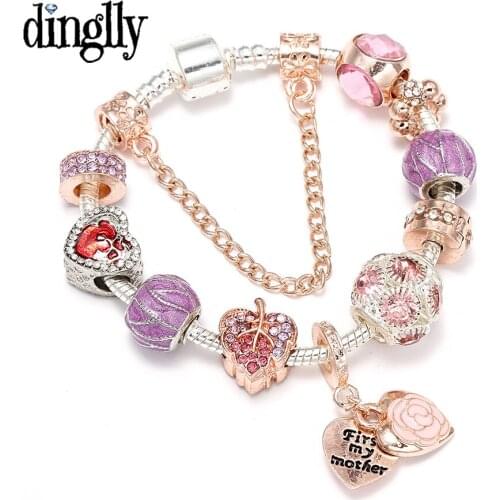 DINGLLY Rose Gold Maternal Charm Bracelets For Women Men Original Pink Crystal Heart Shaped Leaves Purple Beads Bracelet Bangle