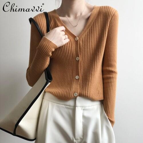 2021 Autumn New Knitted Cardigan Women Korean Fashion Short V-neck Slim-Fit Cropped Sweater Simple Long Sleeve Coat Feminine
