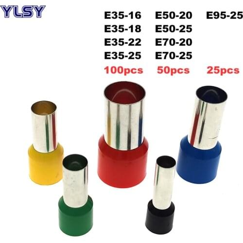 100pcs Copper Tube Insulated Cord End Crimp Terminals Electrical Wire Connector E35-16~E95-25 Cable Ferrules VE 2-3/0 AWG
