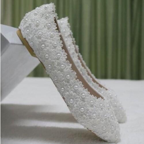 White Lace Pearl Casual Womens Shoes 2020 WOMEN White Pointed Flat Shoes Wedding Shoes For Women