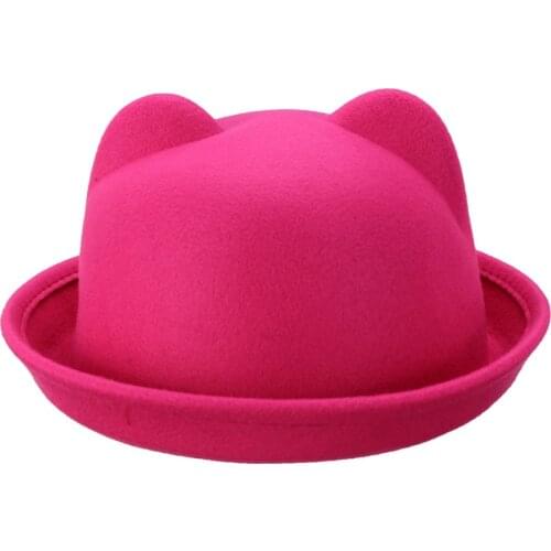 Girls Children Fedoras Hat Spring Bowler Hat Roll Brim Dome Top Hat Devil Horns Cat Ear Felt Wool Sun Hat Good Package 20