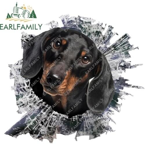 EARLFAMILY 13cm x 12cm 3D Dachshund Broken Glass Car Decal Funny Sausage Dog Car Sticker Rear Windshield Crack Stickers