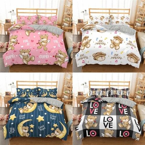 Cartoon Bear Print 3D Bedding Set Love Heart 2/3 Pieces Duvet Cover with Pillowcase Sets Soft Microfiber Bed Clothes Queen Size