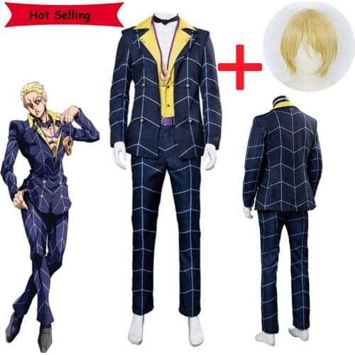 Anime JoJos Bizarre Adventure Prosciutto Cosplay Costumes Blue Uniforms Cloth Halloween Carnival Party Outfits Suits Yellow Wig