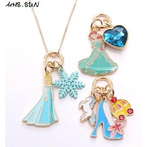 MHS.SUN fashion kids girls jewelry with cartoon princess pendant necklace can replace charms chain necklace for child gift 1set