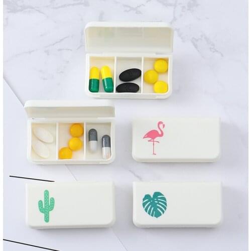 Mini Organizer Case 3 Grids Pill Box Tablet Flamingo Cactus Leaf Pill Case Dispenser Medicine Boxes Dispensing Medical Kit