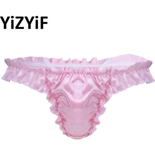 Men Sissy Briefs Soft Satin Ruffled Frilly Panties Gay Sexy Pink Exotic Lingerie