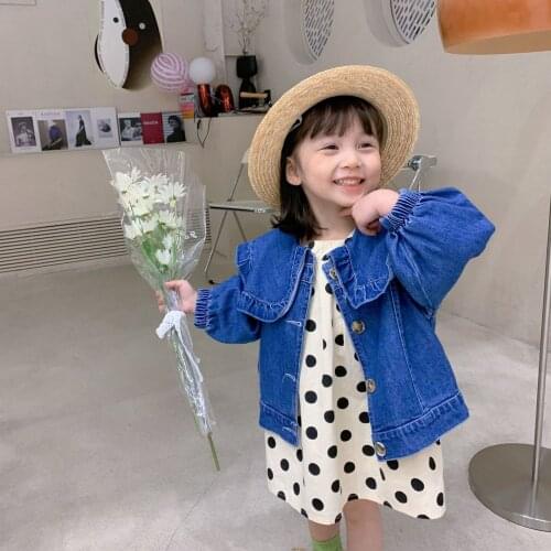 New Kids Clothes Ruffle Spring Girls Fashion Big Turn-down Collar Denim Jackets 1-6 Years Kids Soft All-match Casual Jeans Coats