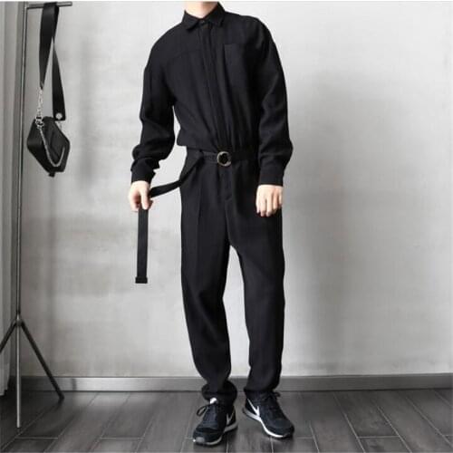 New Black Baby Jumpsuit Casual Loose Mens Rompers Long Sleeve Belt Bodysuits Quality Single Breasted Pants MenS Trousers